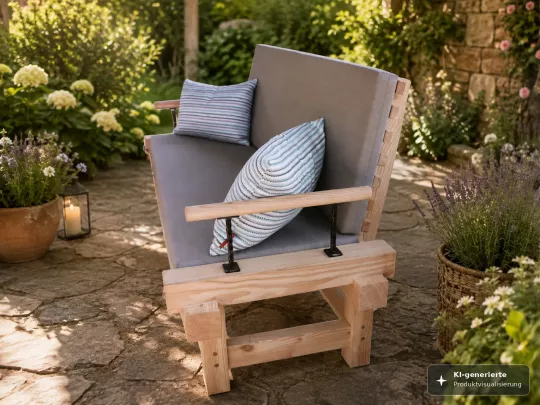 Seitenansicht Gartenbank Buchberg aus Lärchenholz mit beiger Stoffauflage und passenden Kissen auf einer mediterranen Terrasse
